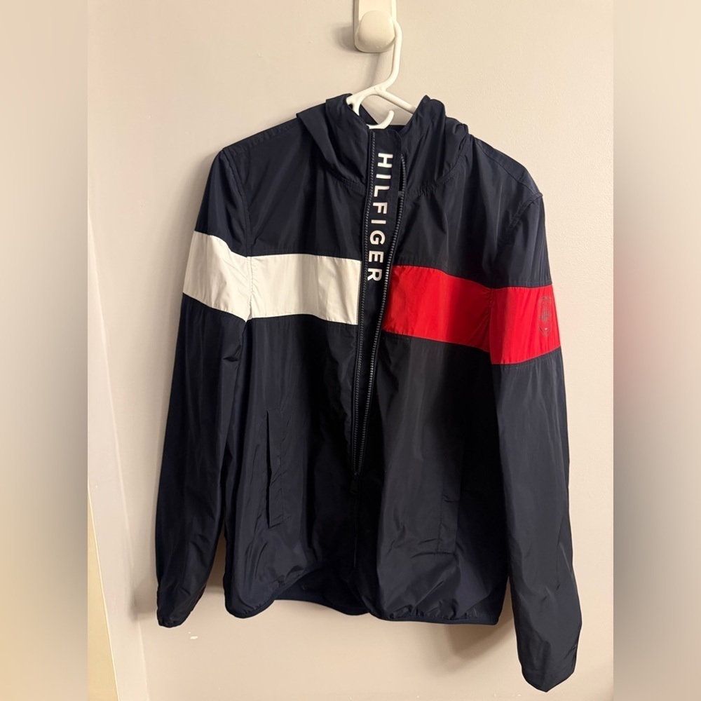 Tommy Hilfiger Men's Navy Jacket with Red and White Stripes.